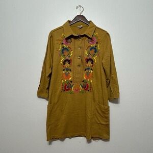 Sister Mary Mustard Yellow Embroidered Long  Sleeve Shirt Dress Womens Size S/M